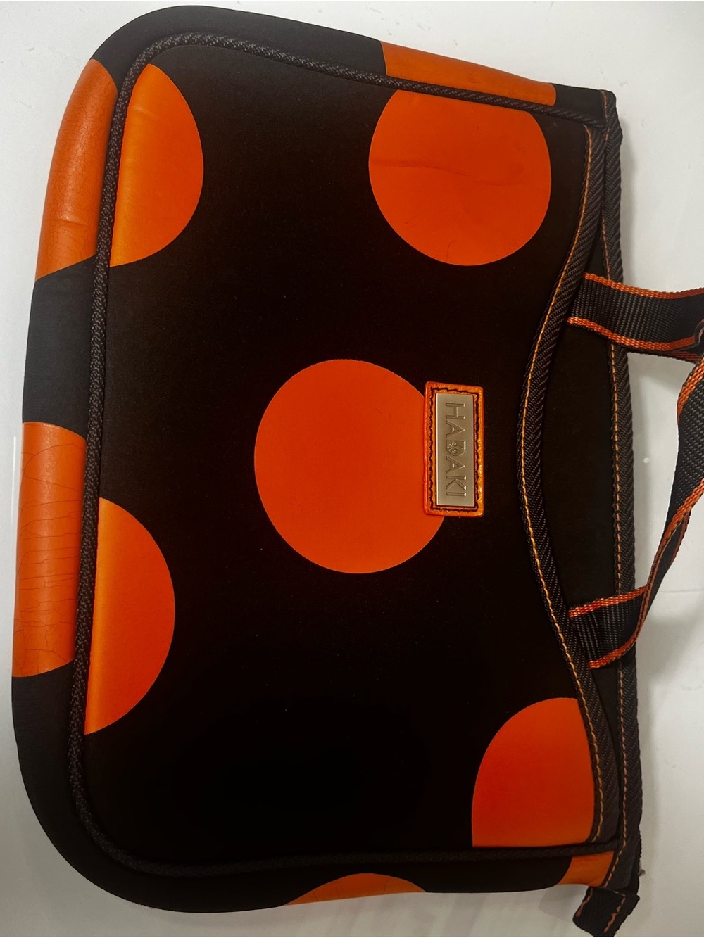 Hadaki Neoprene Laptop Sleeve Case Brown Orange Polka Dot Dual Handle Tech Bag
